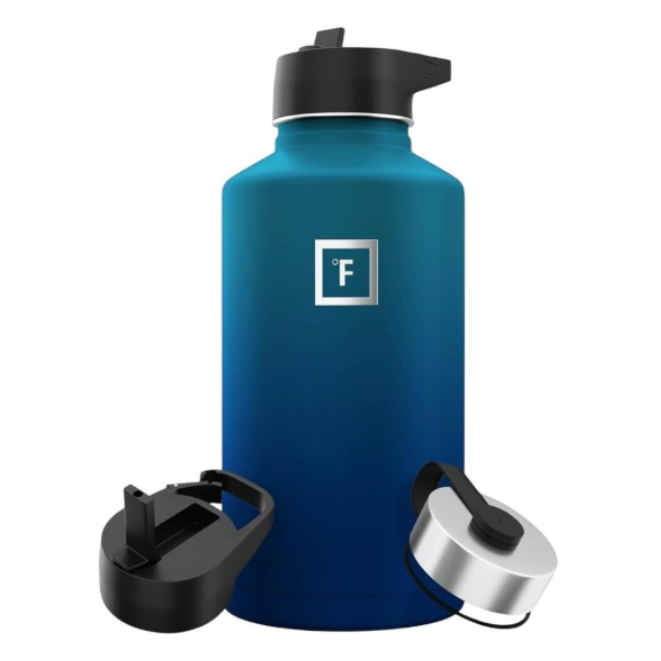 A blue insulated water bottle with a Fahrenheit logo is shown, featuring interchangeable lids: one with a handle and one with a spout.