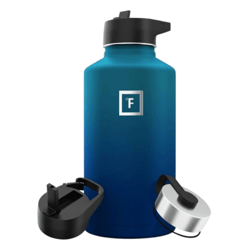 A blue insulated water bottle with a Fahrenheit logo is shown, featuring interchangeable lids: one with a handle and one with a spout.