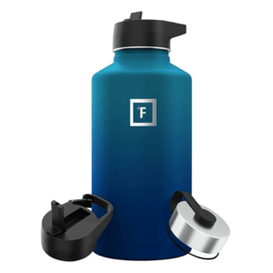 A blue insulated water bottle with a Fahrenheit logo is shown, featuring interchangeable lids: one with a handle and one with a spout.