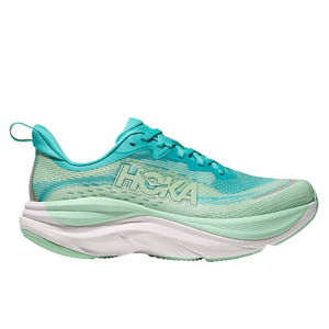 Turquoise and mint running shoe with HOKA branding, featuring a thick cushioned sole and mesh upper for breathability.