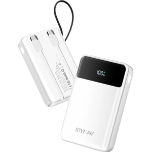 A white portable power bank displaying 100% charge, with built-in charging cables and the brand name \“JOYFAR\“ on its surface.