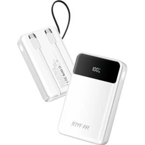 A white portable power bank displaying 100% charge, with built-in charging cables and the brand name \“JOYFAR\“ on its surface.