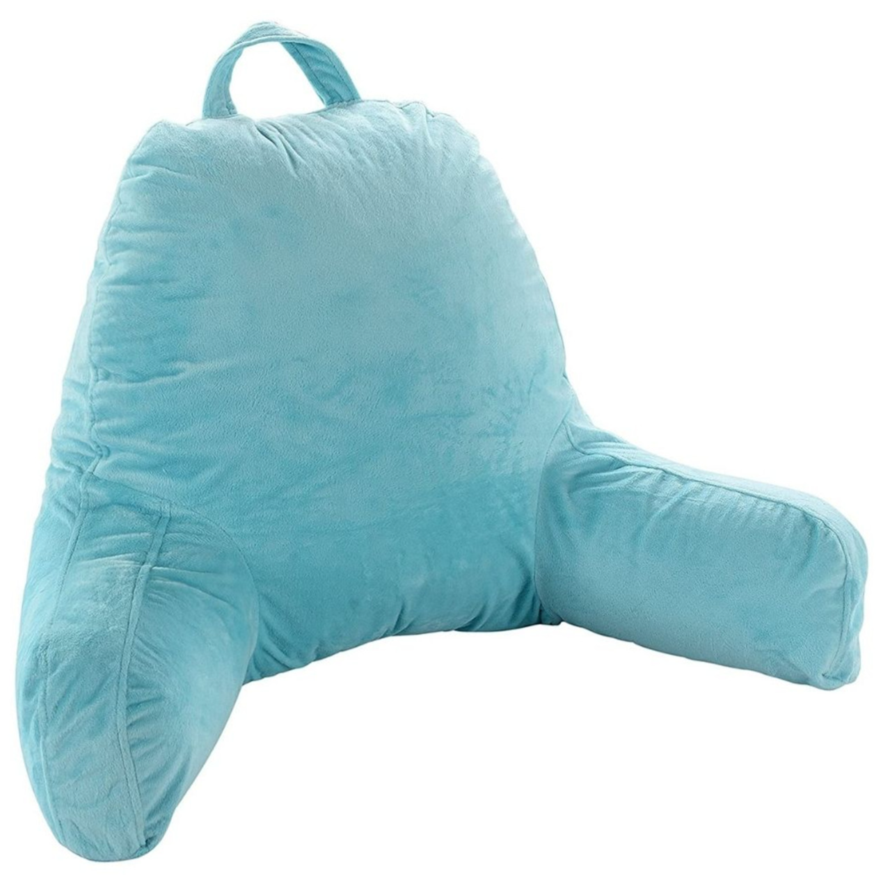 Light blue bedrest pillow with armrests and a top handle for easy carrying.