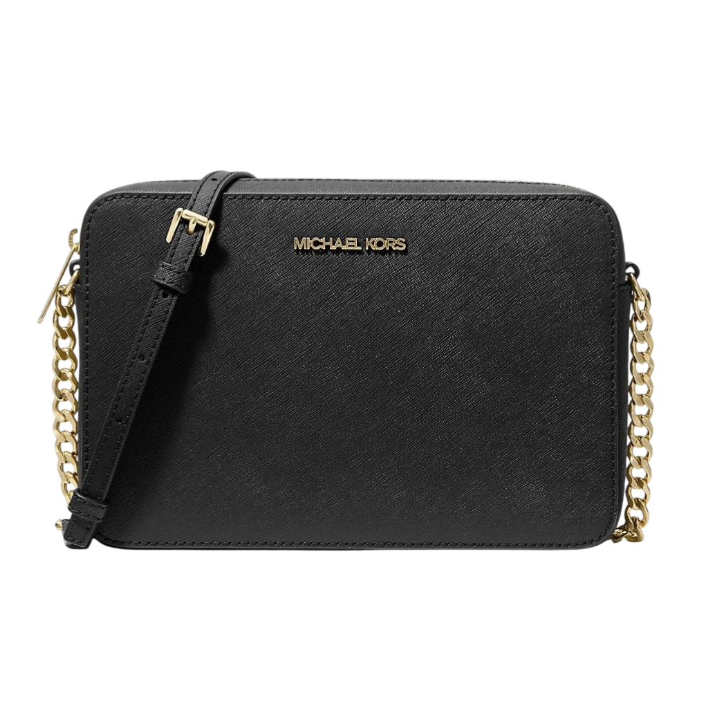 Black crossbody bag with gold chain and adjustable strap, featuring the \“Michael Kors\“ logo in gold.