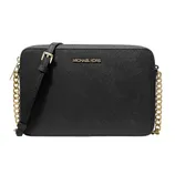 Black crossbody bag with gold chain and adjustable strap, featuring the \“Michael Kors\“ logo in gold.