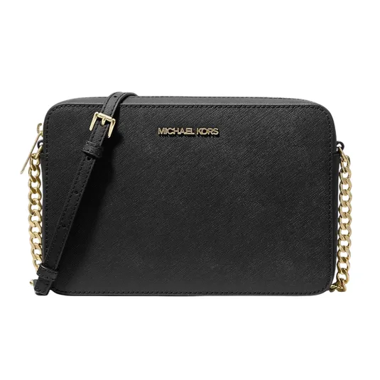 Black crossbody bag with gold chain and adjustable strap, featuring the \“Michael Kors\“ logo in gold.