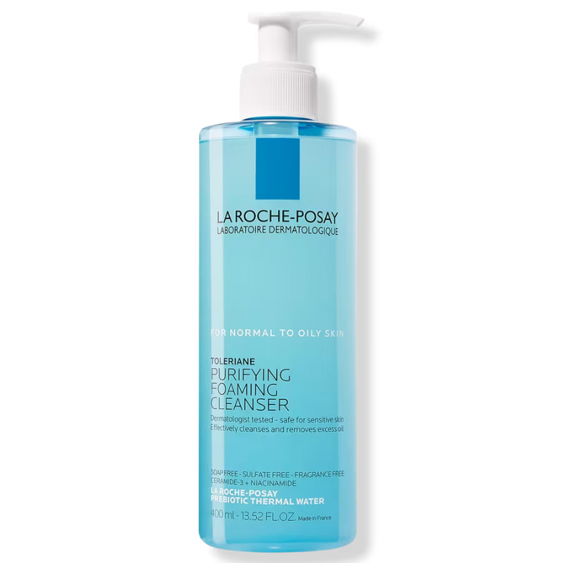 La Roche-Posay Toleriane Purifying Foaming Cleanser for normal to oily skin, 400ml, soap-free, sulfate-free, fragrance-free, with ceramide-3, niacinamide, and prebiotic thermal water.