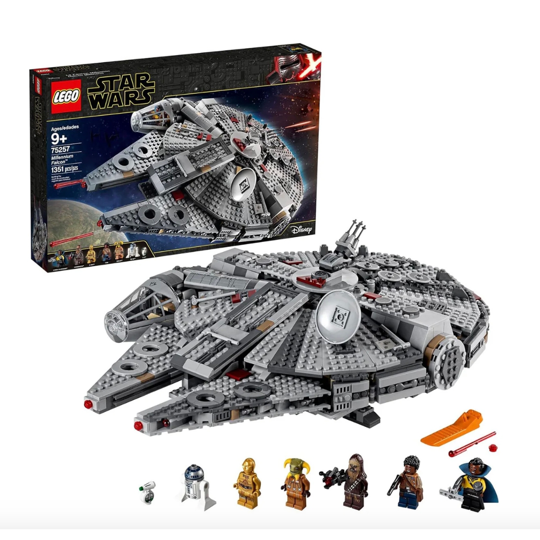 LEGO Star Wars Millennium Falcon set 75257 includes 1351 pieces and several minifigures, including droids and iconic characters, suitable for ages 9 and up.