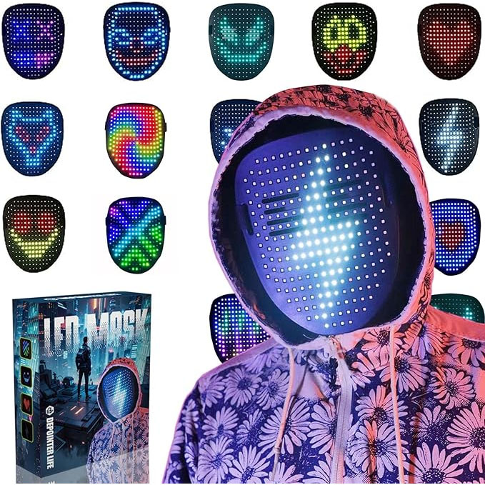 LED mask featuring various animated designs, including faces and patterns, with a person wearing one. Includes a box showing the mask and additional designs.