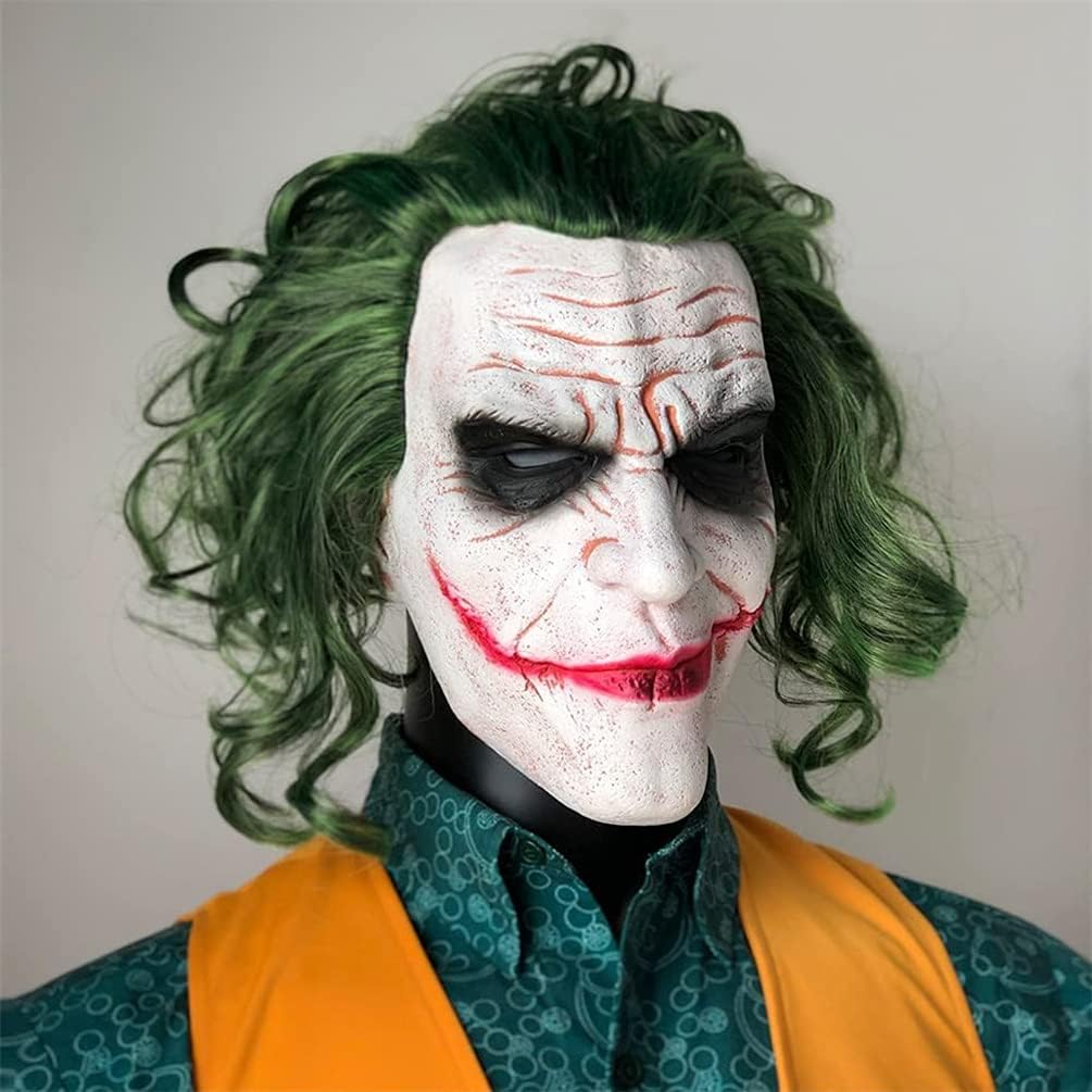 This is a latex mask styled after the Joker character, featuring green hair, white face makeup, and exaggerated red lips.