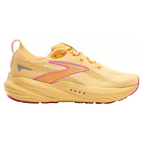 A yellow Brooks running shoe with pink accents, featuring a cushioned sole and breathable mesh upper for enhanced comfort and performance.