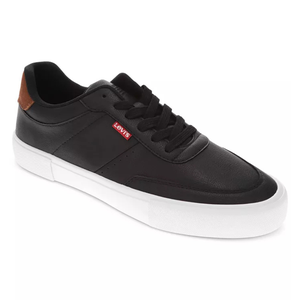 Black low-top sneaker with a white sole, featuring a red Levi's logo tag on the side and brown detail on the heel.