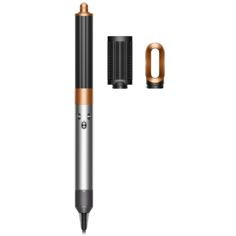 A hair styling tool with multiple attachments, including a round brush and a smoothing nozzle, designed for versatile hair styling.