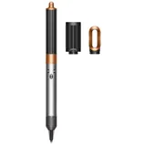 A hair styling tool with multiple attachments, including a round brush and a smoothing nozzle, designed for versatile hair styling.