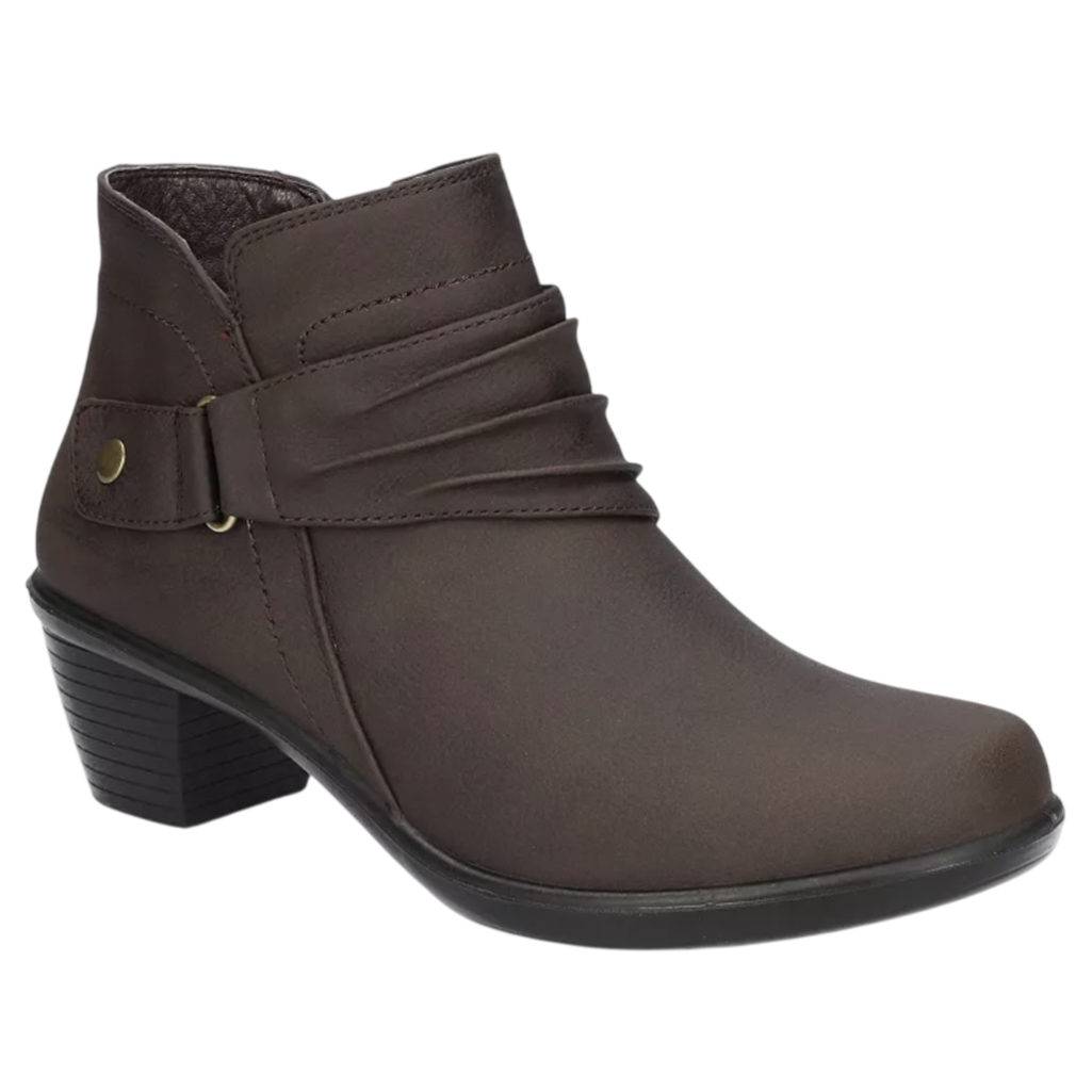 Brown ankle boot with a low block heel, featuring a decorative strap and button detail on the side.