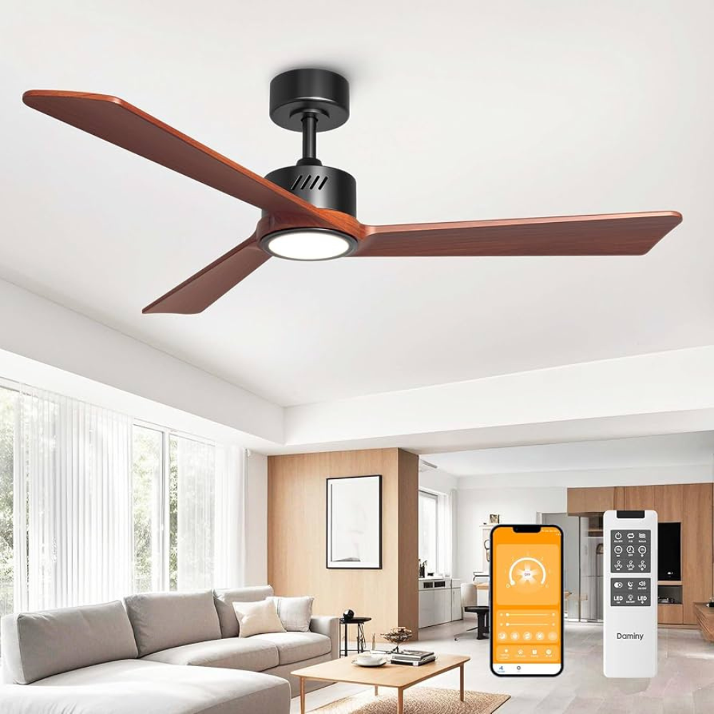 Ceiling fan with wooden blades and integrated light, shown in a modern living room. Includes a smartphone app and remote control for operation.