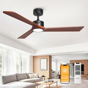 Ceiling fan with wooden blades and integrated light, shown in a modern living room. Includes a smartphone app and remote control for operation.