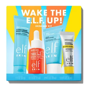 Wake the E.L.F. Up! skincare kit includes Clean Freak Daily Cleanser (1 fl. oz.), Vitamin C+E Ferulic Serum (0.5 fl. oz.), Daily Moisturizer (0.94 fl. oz.), and Invisible Sunscreen SPF 35 (0.33 fl. oz.).