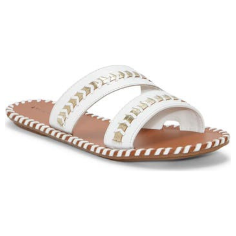 White slip-on sandals featuring dual straps with gold geometric embellishments, brown footbed, and decorative white stitching along the edge.