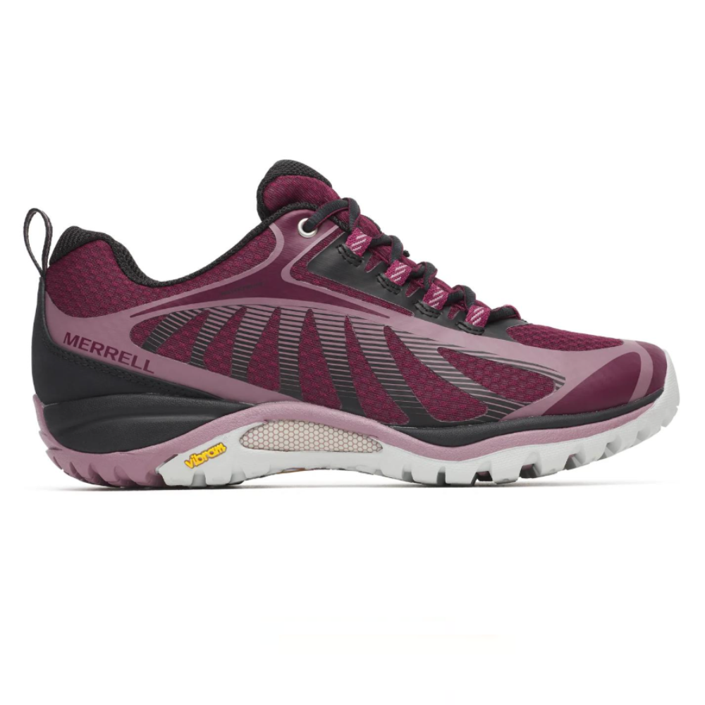 A Merrell hiking shoe in dark red and black with a Vibram sole, designed for traction and durability.