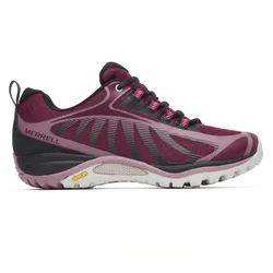A Merrell hiking shoe in dark red and black with a Vibram sole, designed for traction and durability.