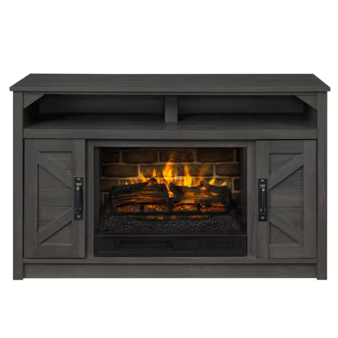 A 48-inch wide electric fireplace TV stand with a dark finish, barn-style cabinet doors, and a mantel shelf above the realistic flame effect.