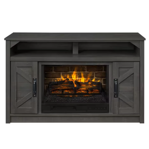 A 48-inch wide electric fireplace TV stand with a dark finish, barn-style cabinet doors, and a mantel shelf above the realistic flame effect.