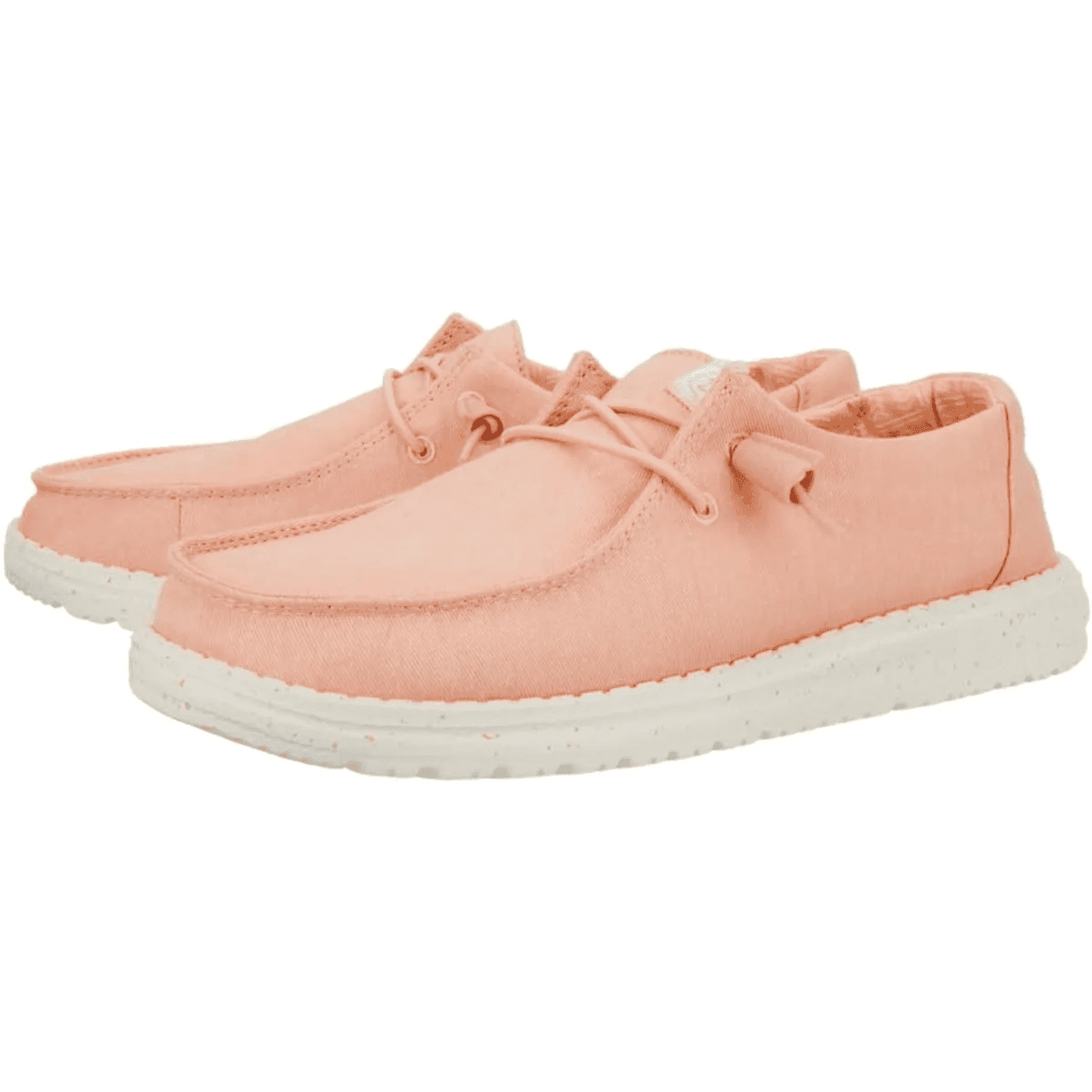 A pair of casual pink shoes with white soles, featuring a moccasin-like design and lace-up closure.
