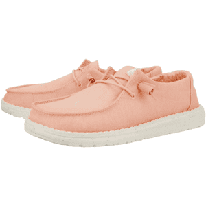A pair of casual pink shoes with white soles, featuring a moccasin-like design and lace-up closure.