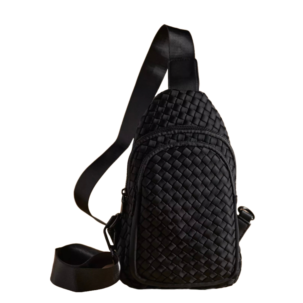 Black sling bag with a woven texture, featuring four pockets and an adjustable strap for crossbody or shoulder wear.