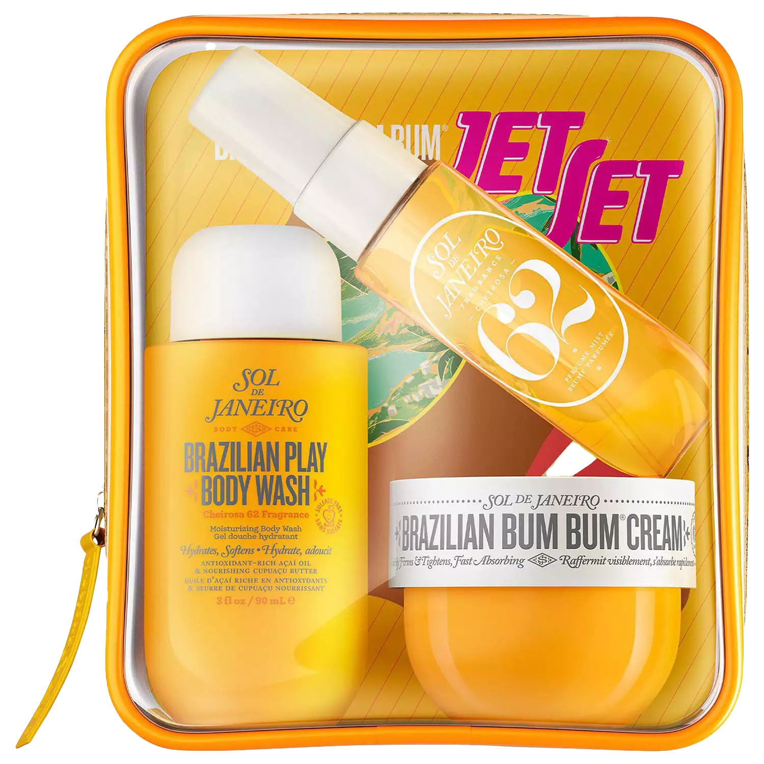 The Sol de Janeiro Travel Set includes a Brazilian Play Body Wash, Brazilian Bum Bum Cream, and a body mist, all in a compact case.