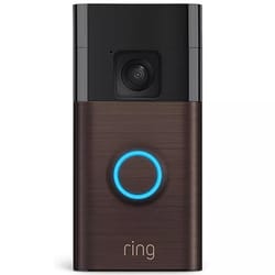 Ring Video Doorbell with a camera and a circular button that lights up blue, designed for smart home security.
