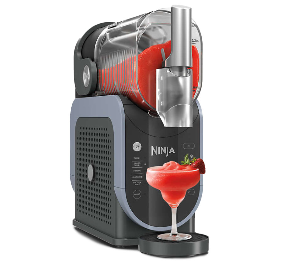 The Ninja Slushi is a countertop frozen drink machine with a clear chamber for mixing and a spout for dispensing. It has options for slush, milkshake, and frozen juice, and comes in black and gray with a garnished drink example below.