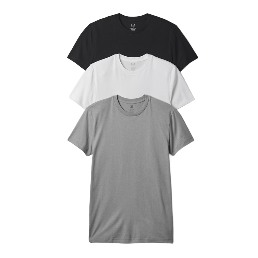 A set of three crew-neck T-shirts in black, white, and gray, stacked vertically.