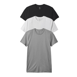 A set of three crew-neck T-shirts in black, white, and gray, stacked vertically.