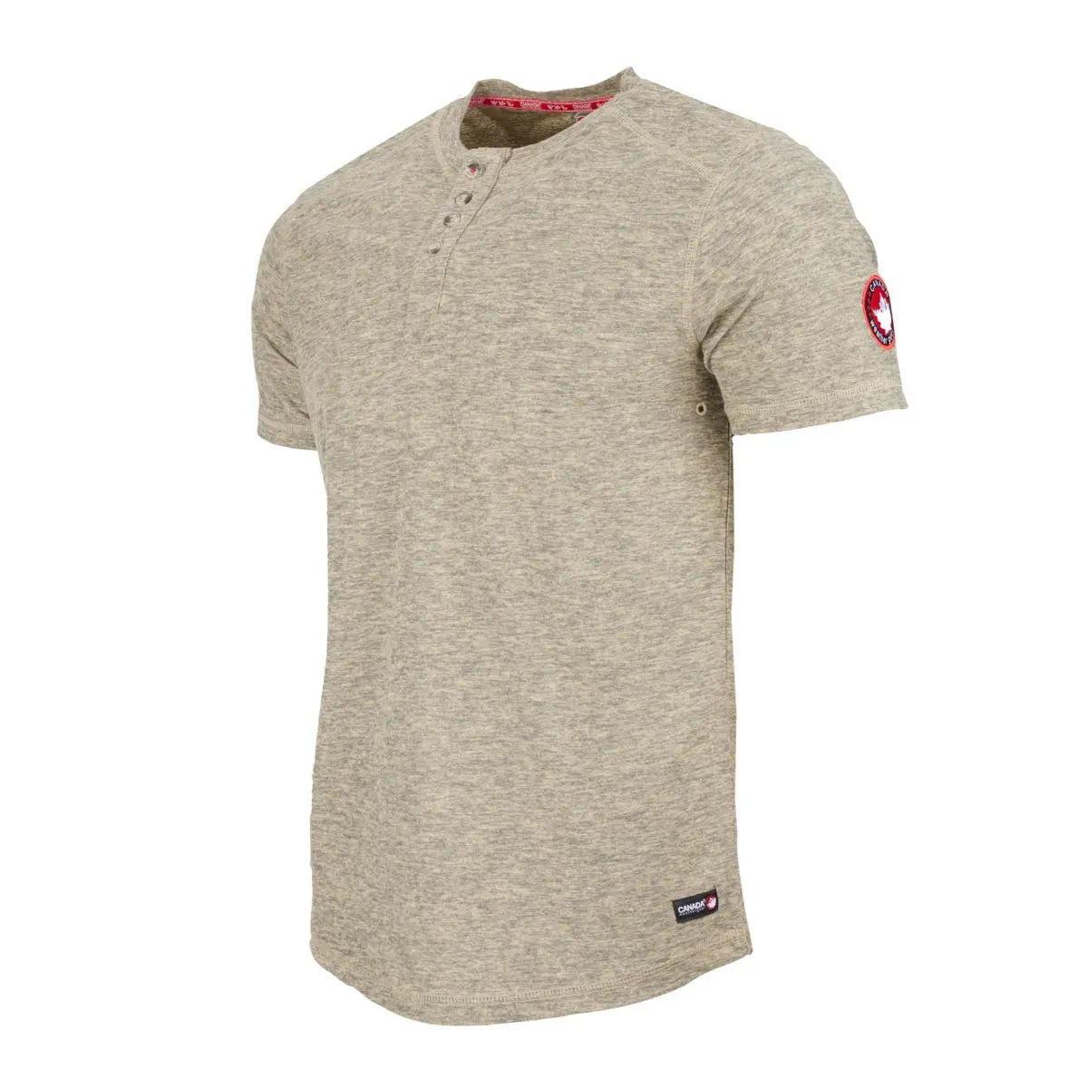 Men's short-sleeved henley shirt in heather gray with button placket and a circular red patch on the right sleeve.