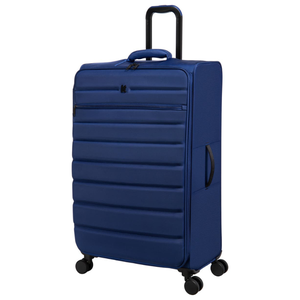 Blue softside luggage with a 33-inch height, featuring horizontal ridges, a retractable handle, side handle, front zipper pocket, and four caster wheels for easy mobility.