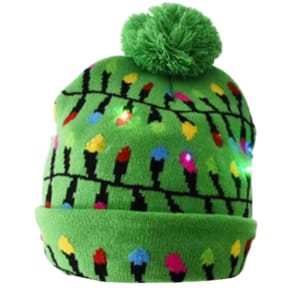 Green beanie with a Christmas light pattern and a pom-pom on top.