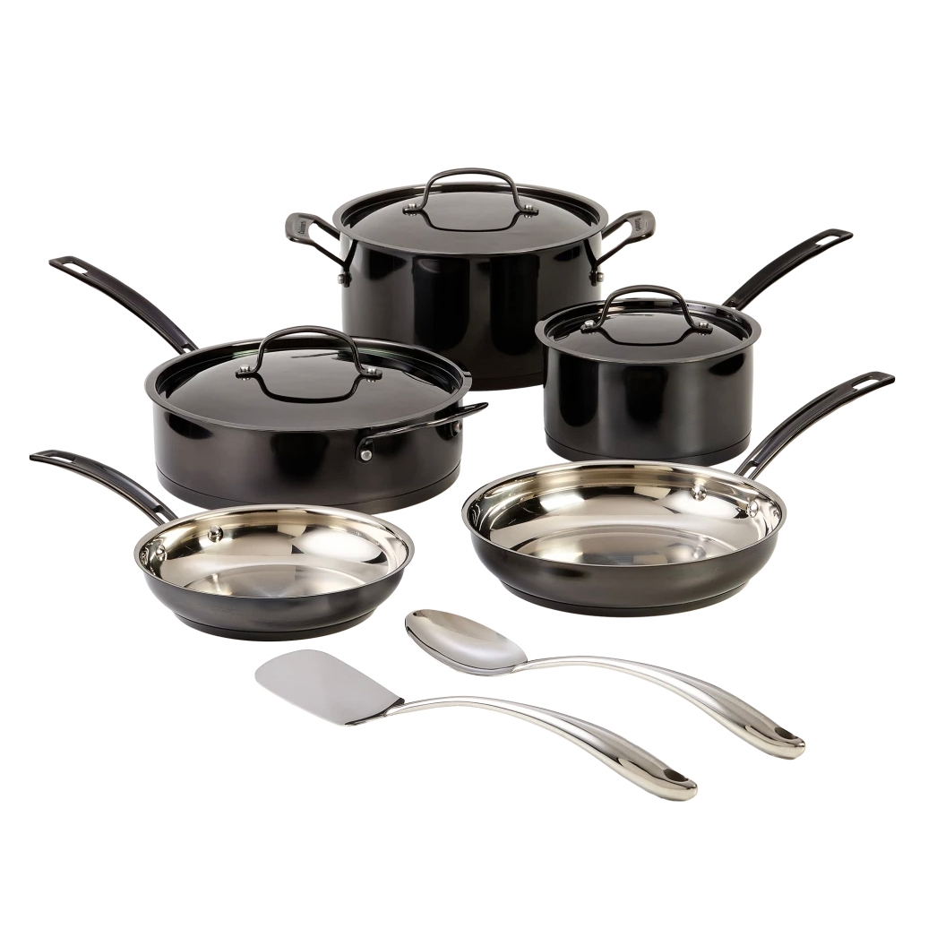 Cuisinart MicaShine 10pc Cook Set includes two saucepans with lids, one sauté pan with lid, one stockpot with lid, two frying pans, and three kitchen tools (spatula and spoons). All pieces feature a black exterior with stainless steel interiors and handles.