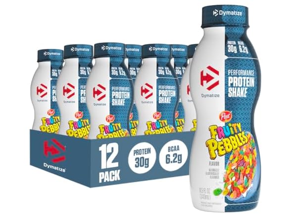 Dymatize Fruity Pebbles Performance Protein Shake, 12-pack, each bottle containing 30g of protein and 6.2g of BCAAs.