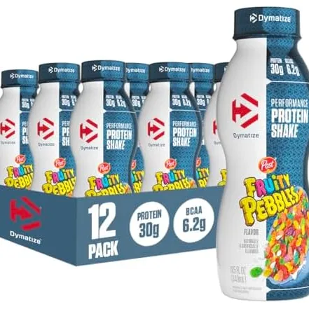 Dymatize Fruity Pebbles Performance Protein Shake, 12-pack, each bottle containing 30g of protein and 6.2g of BCAAs.