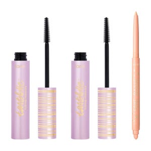 Tarte Mascara & Eyeliner Set includes two Tartelette Tubing Mascaras in lavender tubes with gold accents, featuring precision brushes, and one Fake Awake Eyeliner in a peachy shade, designed for brightening the waterline.