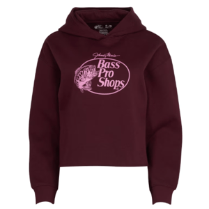 Maroon hoodie featuring a \“Bass Pro Shops\“ logo and fish graphic in pink.