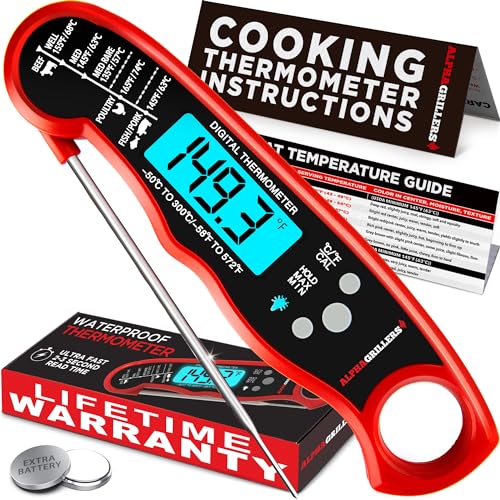 A red digital instant-read meat thermometer with a foldable probe is displayed, alongside its packaging that offers a lifetime warranty and an extra battery.