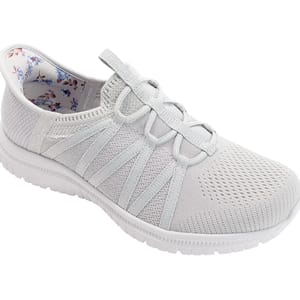 The Skechers Slip-ins Sneakers are light gray, featuring a mesh upper with elastic laces for easy slip-on access and a floral pattern on the inner lining. They have a cushioned sole for comfort and a casual design.