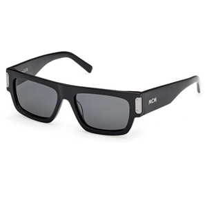 Black rectangular sunglasses with dark lenses and “MCM” branding on the temples.