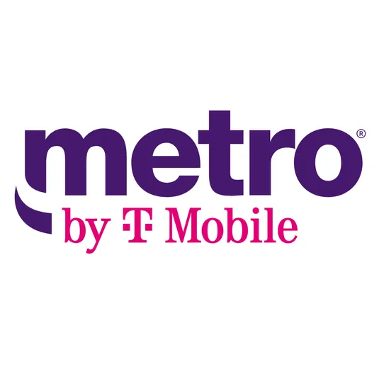 Logo for Metro by T-Mobile, featuring the text \“metro\“ in purple and \“by T Mobile\“ in pink, indicating a telecommunications brand.