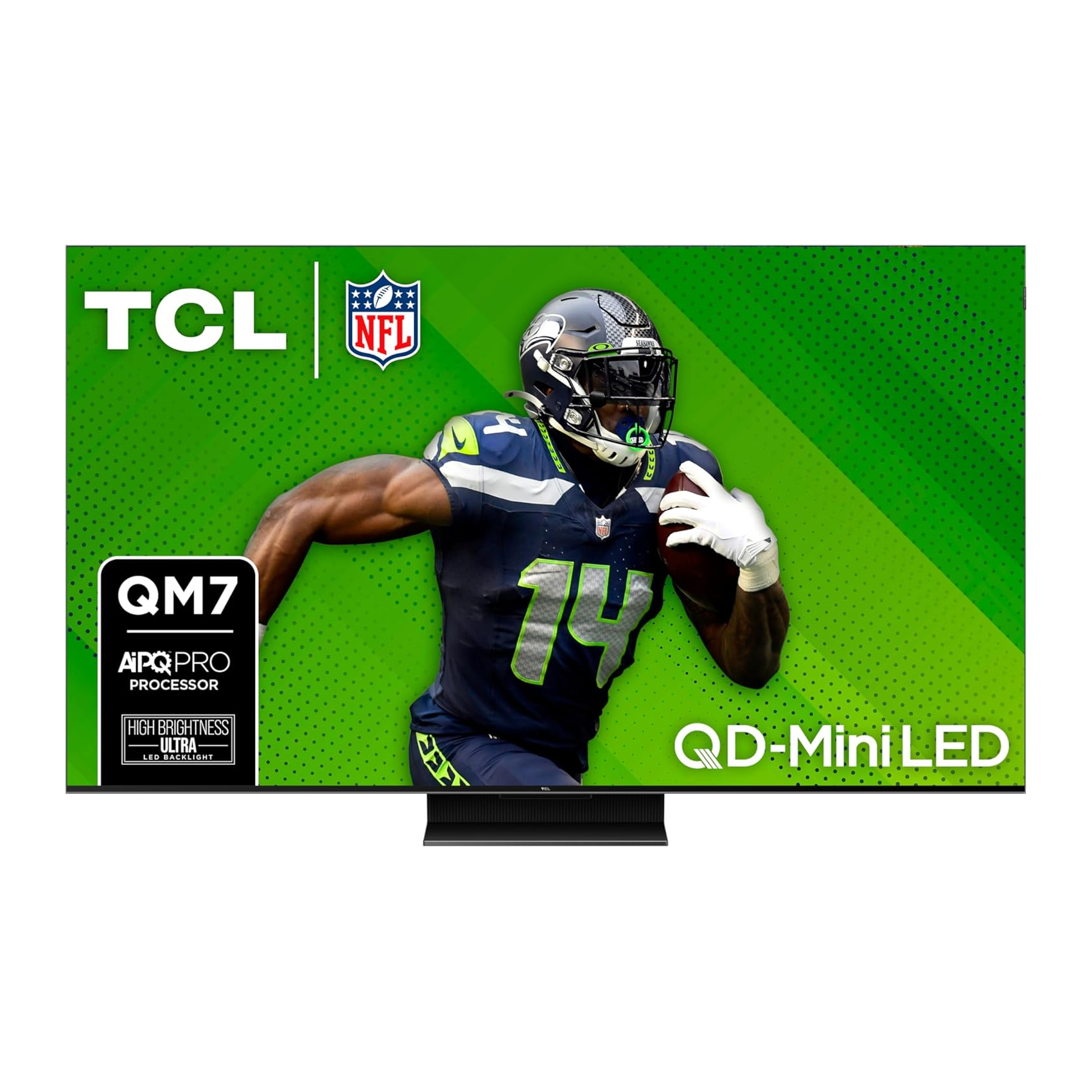 A 65-inch TCL QLED Smart TV featuring 4K resolution, with an emphasis on NFL imagery to highlight sports viewing capabilities.
