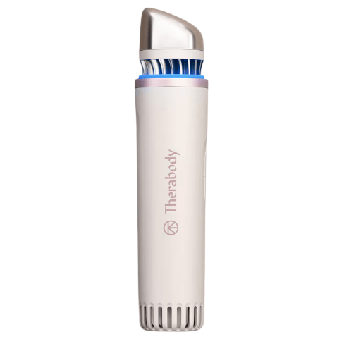 A cylindrical TheraBody device with a metallic tip and blue accents, likely designed for skincare or muscle treatment.