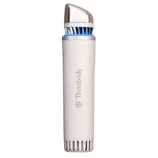 A cylindrical TheraBody device with a metallic tip and blue accents, likely designed for skincare or muscle treatment.
